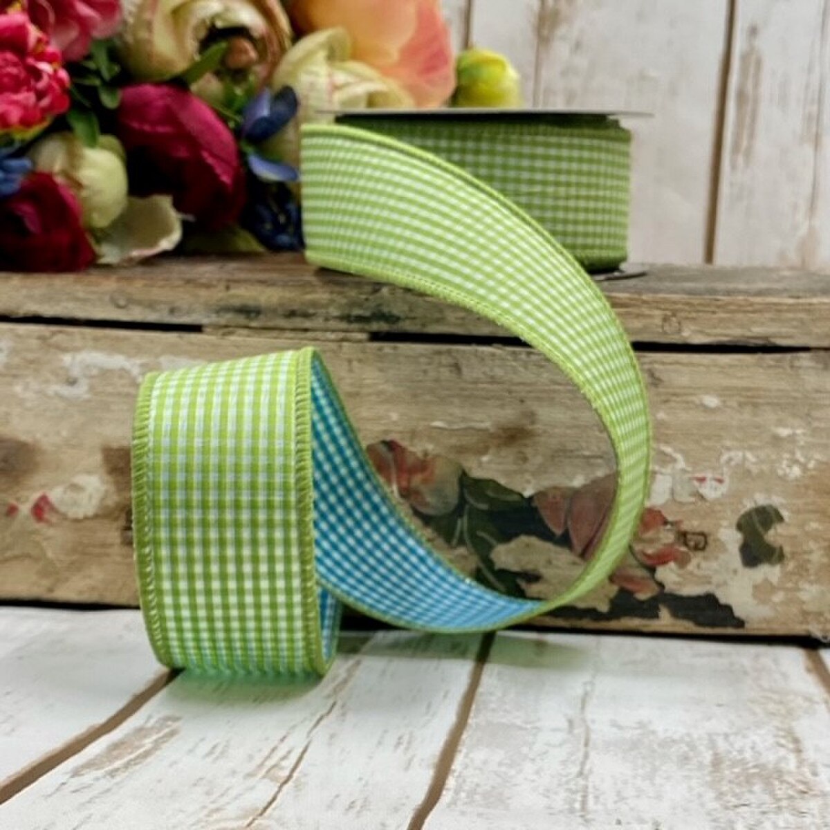 1.5" x 10yds - Poplin Gingham, Lime Green Blue