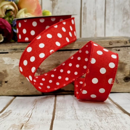 1.5" x 10yds - Red Backing, White Dots