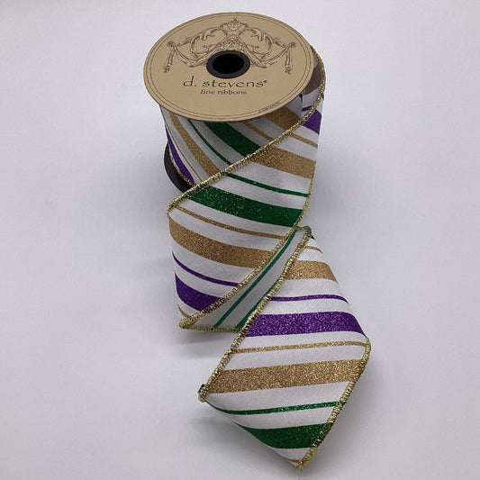 2.5" x 10yds - Poplin Diagonal Stripes, White Purple Green Gold