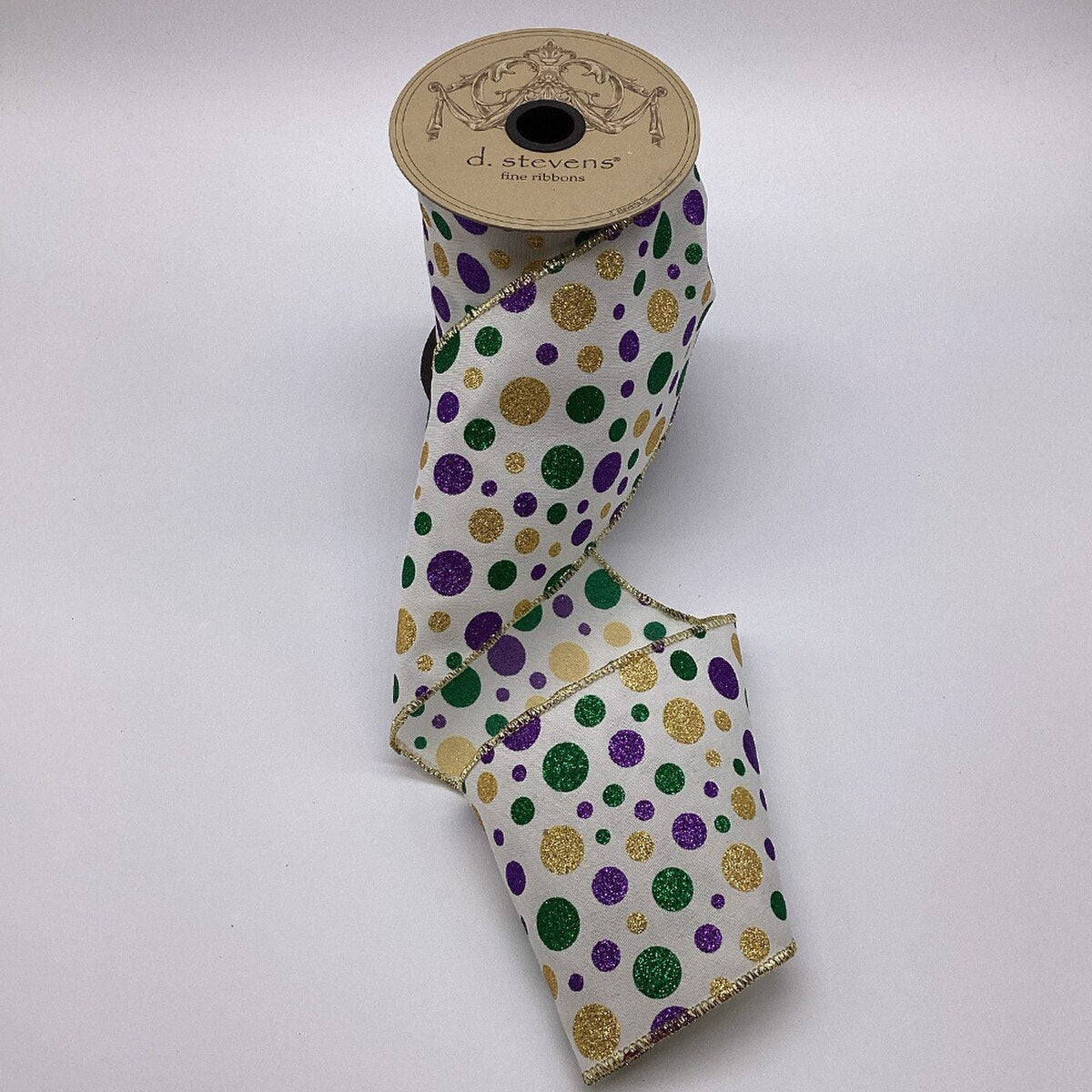 4" x 10yds - Poplin Various Sizes Glitter Dots, White Purple Green Gold