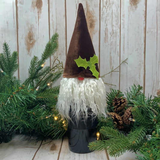 9" - Velvet Gnome Holly Bverage topper, Brown