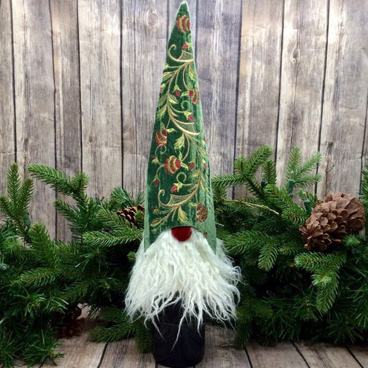 14" - Velvet Gnome Floral Embroidery, Green