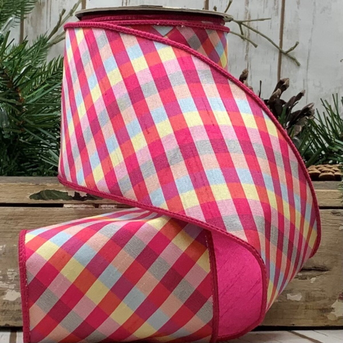 4" Diagonal Plaid, Hot Pink