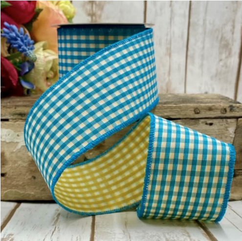 2.5" x 10yds - Poplin Gingham, Teal Blue Golden Yellow