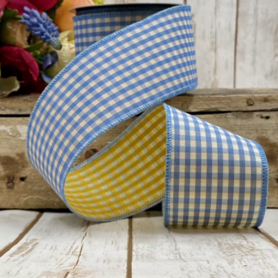 2.5" x 10yds - Poplin Gingham, Light Blue Golden Yellow