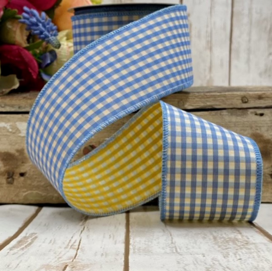 2.5" x 10yds - Poplin Gingham, Light Blue Golden Yellow