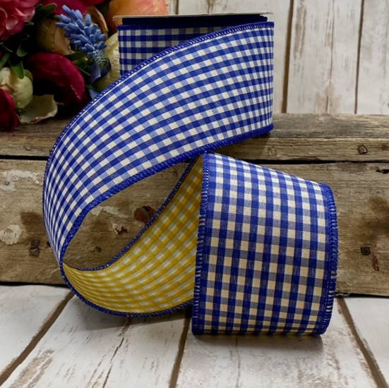 2.5" x 10yds - Poplin Gingham, Royal Blue Golden Yellow