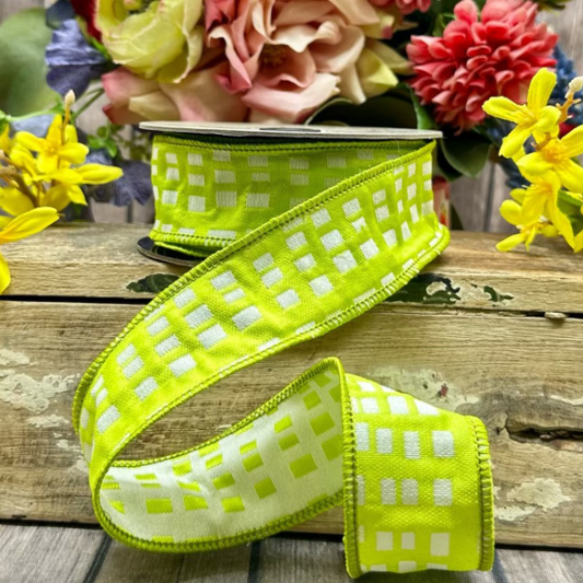 1.5" X 10yds - Jacquard Squares, Lime Green White