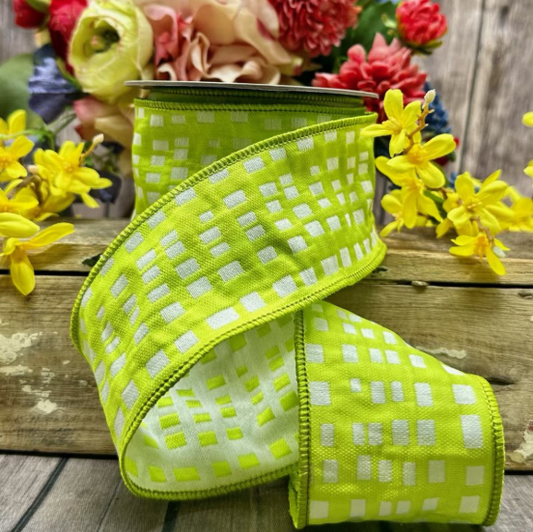 2.5" X 10yds - Jacquard Squares, Lime Green White